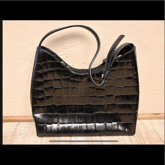 OROTON EMBOSSED CROC HOBO SHOULDER BAG PURSE BLACK - Picture 2 of 12